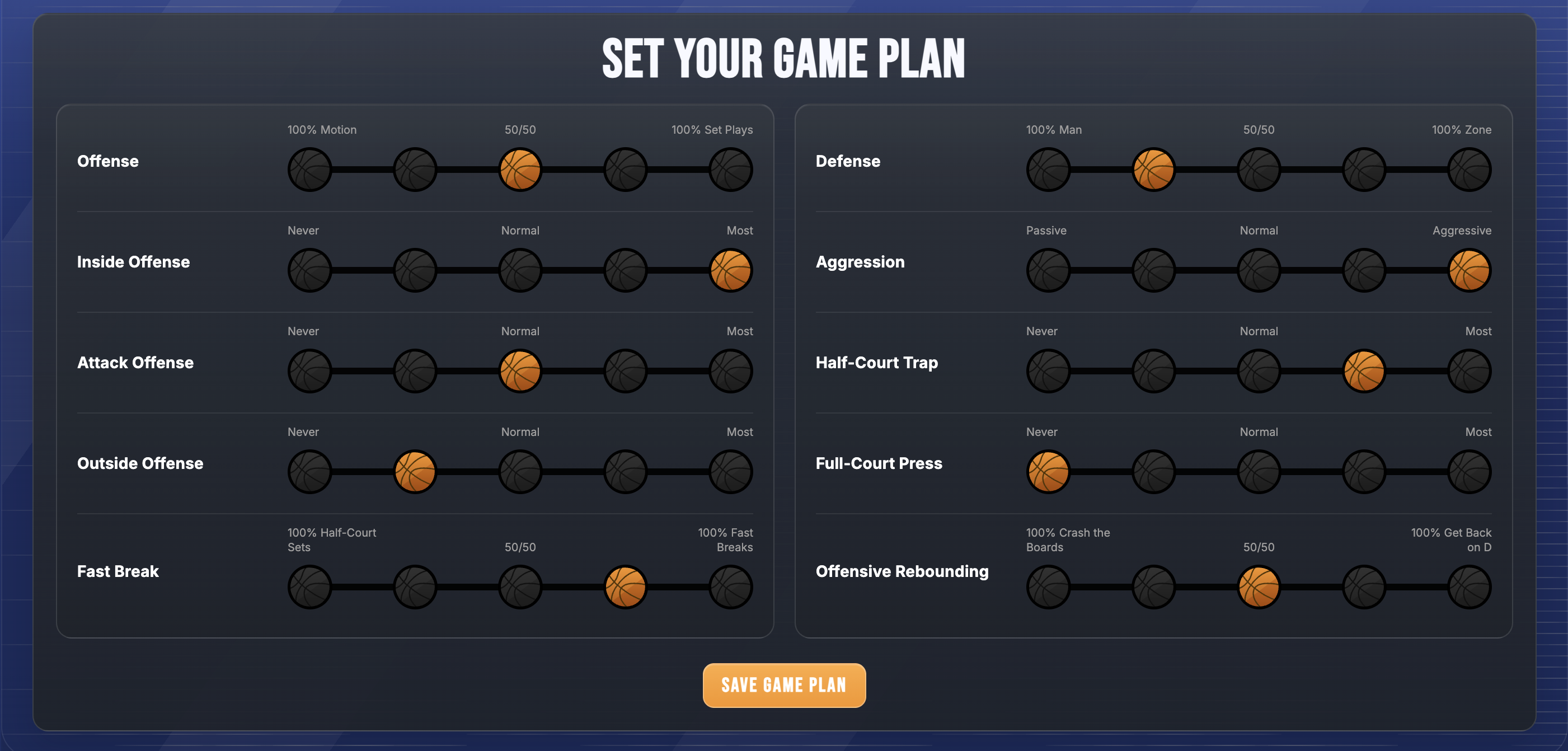 Game Plan sliders — ten tactical dimensions