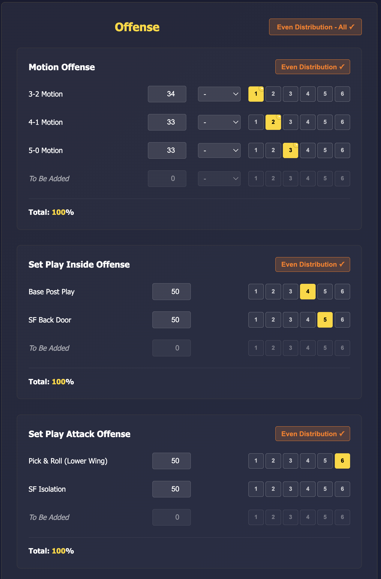 Offense play distribution and playcall settings interface